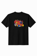 Black crewneck T-shirt with colorful cartoon graphic on chest