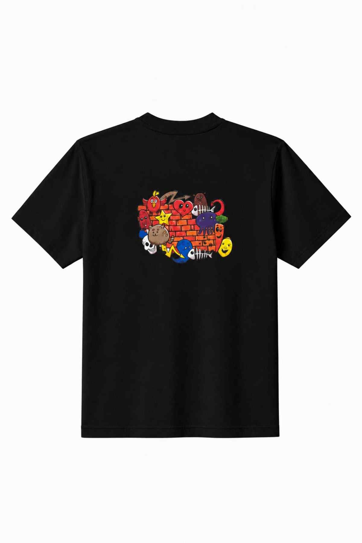 Black crewneck T-shirt with colorful cartoon graphic on chest