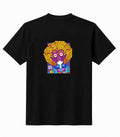 Black T-shirt with colorful front portrait graphic and crew neck