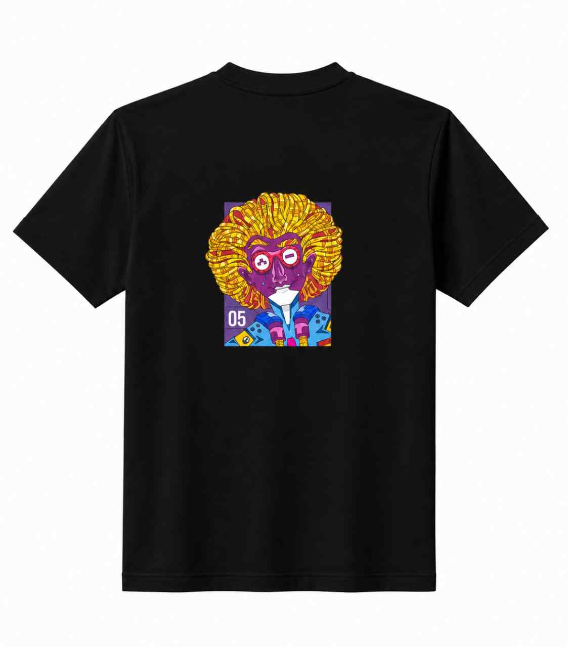 Black T-shirt with colorful front portrait graphic and crew neck