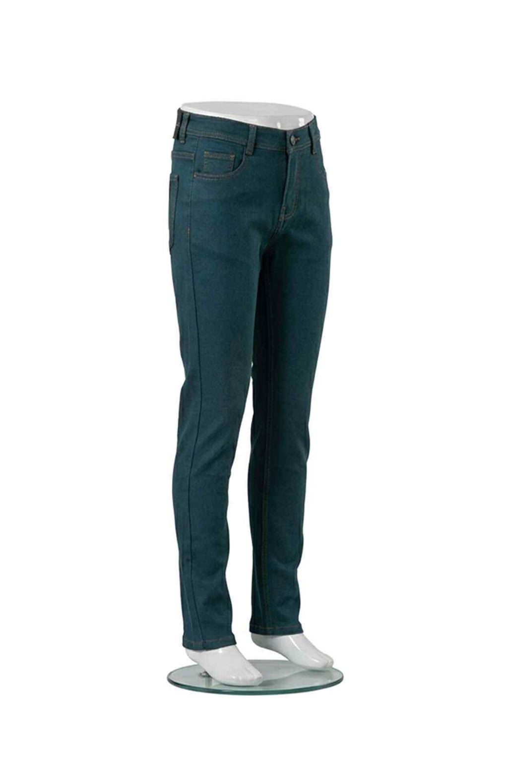 Sea green slim jeans, side view, with button closure and stitched pockets