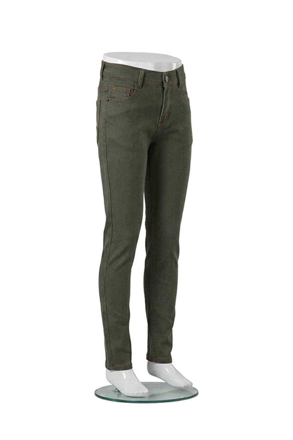 Light olive green denim jeans, side view, belt loops, button closure, five pockets