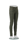 Light olive green denim jeans, side view, belt loops, button closure, five pockets