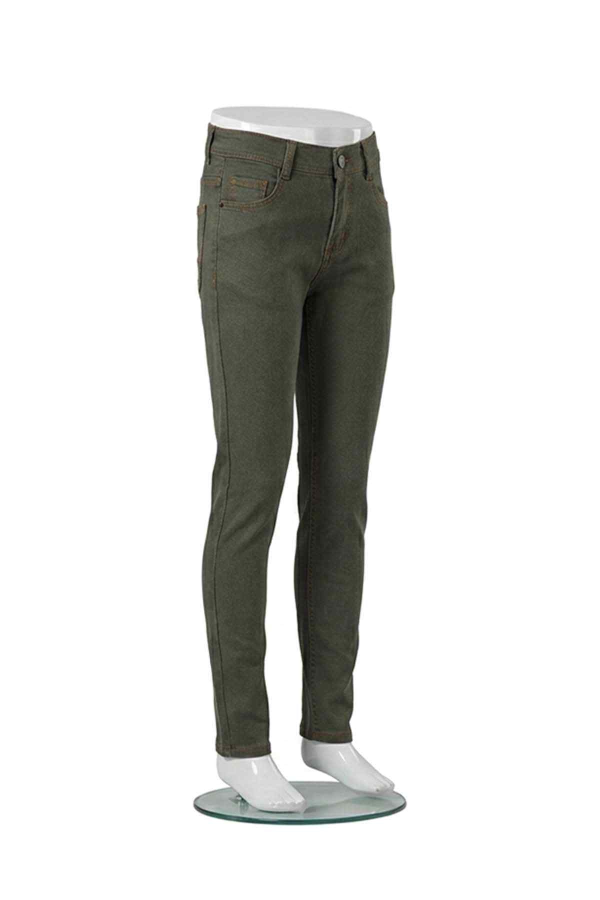 Light olive green denim jeans, side view, belt loops, button closure, five pockets