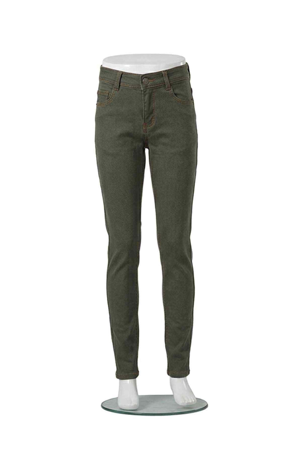 Light olive green denim jeans, front view, belt loops, tapered legs, five pockets