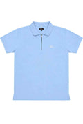 Sky blue polo shirt with quarter-zip placket and small chest logo
