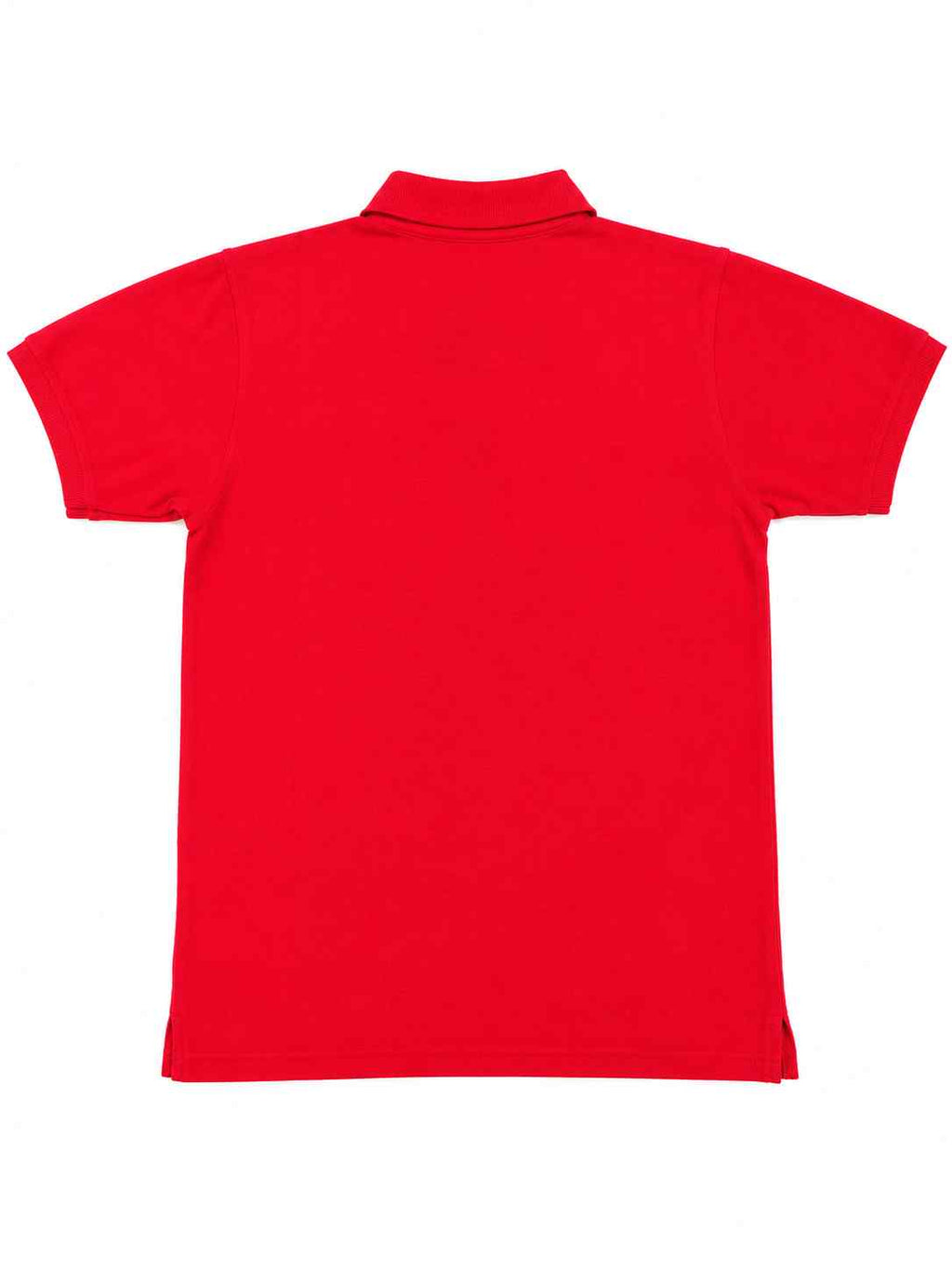 Red polo shirt back view with short sleeves and plain design.