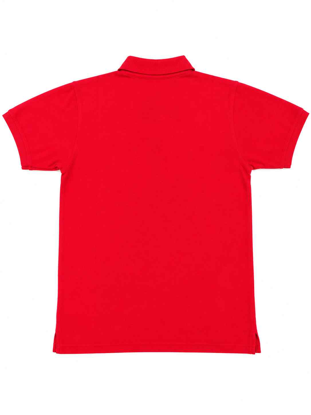 Red polo shirt back view with short sleeves and plain design.