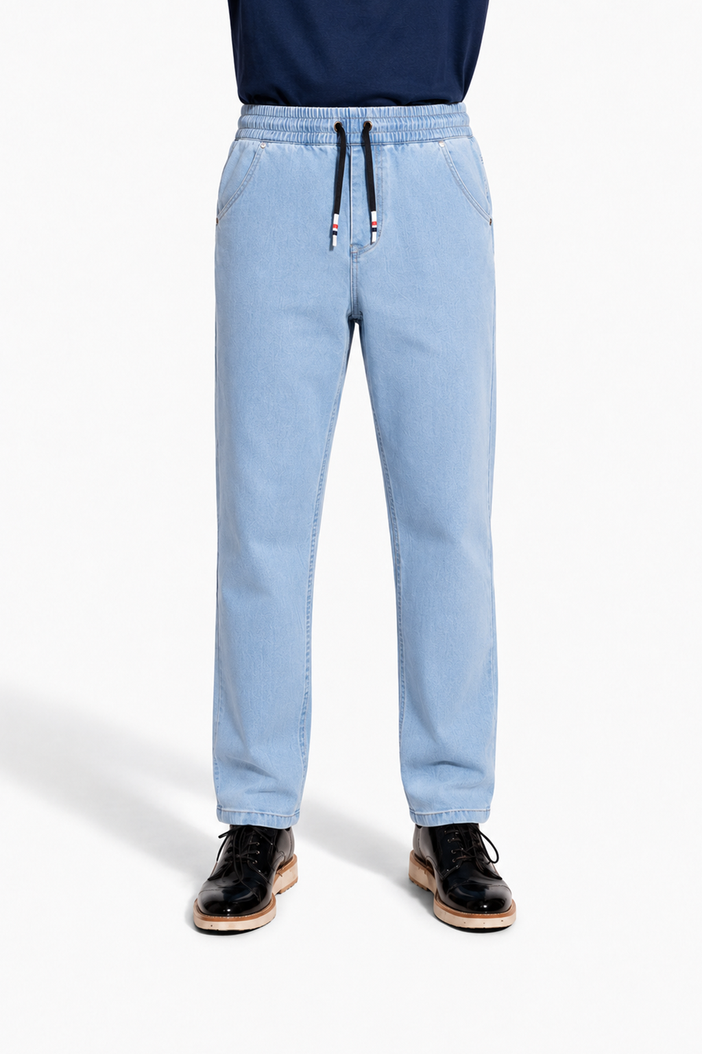 Beleri London Ice Blue drawstring jeans, elastic waistband with drawstring, front close-up
