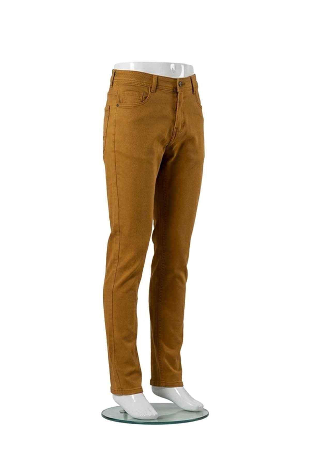 Mustard slim-fit chinos with belt loops, zip fly, and front pockets