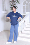 Denim blue T-shirt and light blue wide-leg jeans set with white sneakers