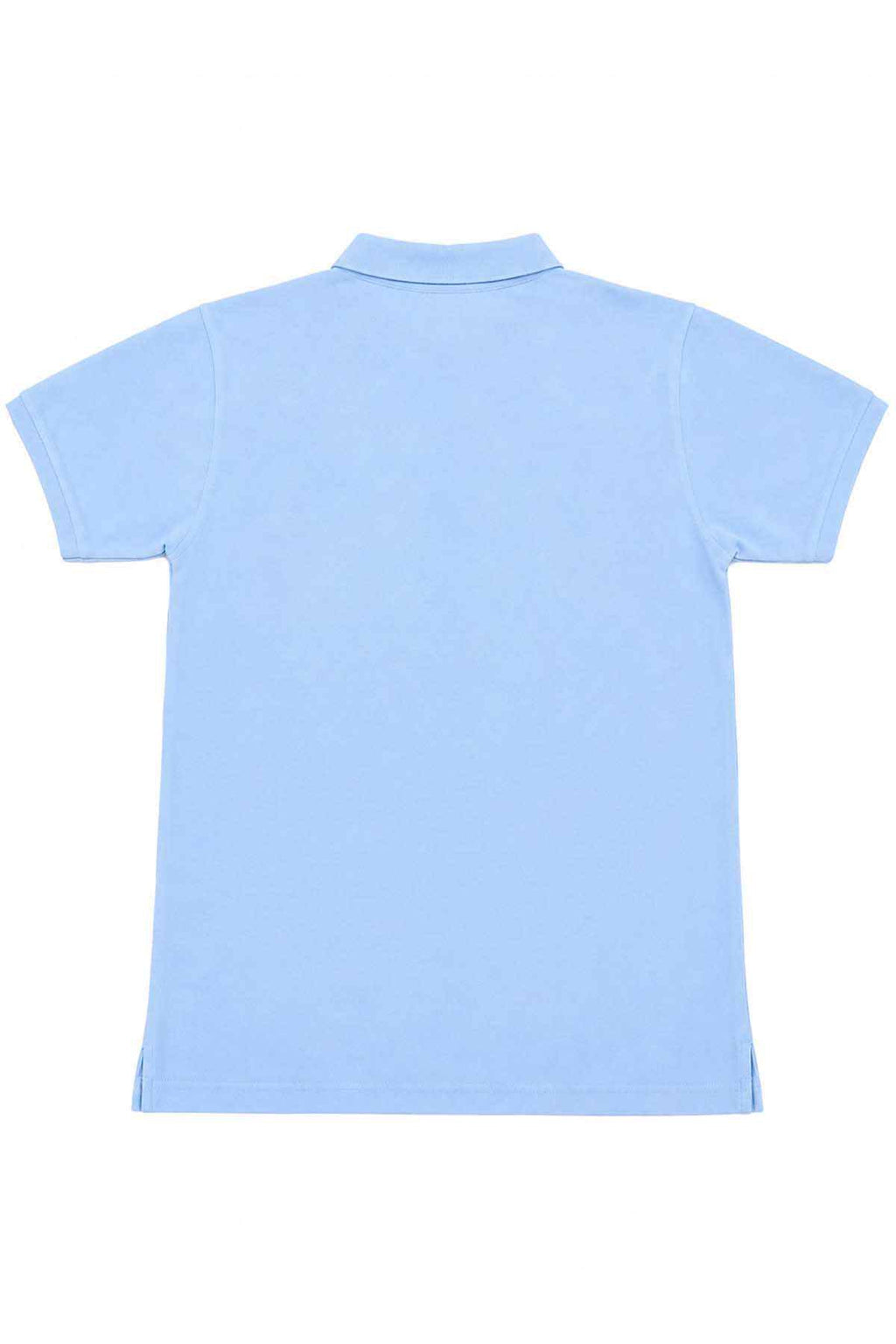 Sky blue polo shirt back view with short sleeves and collar