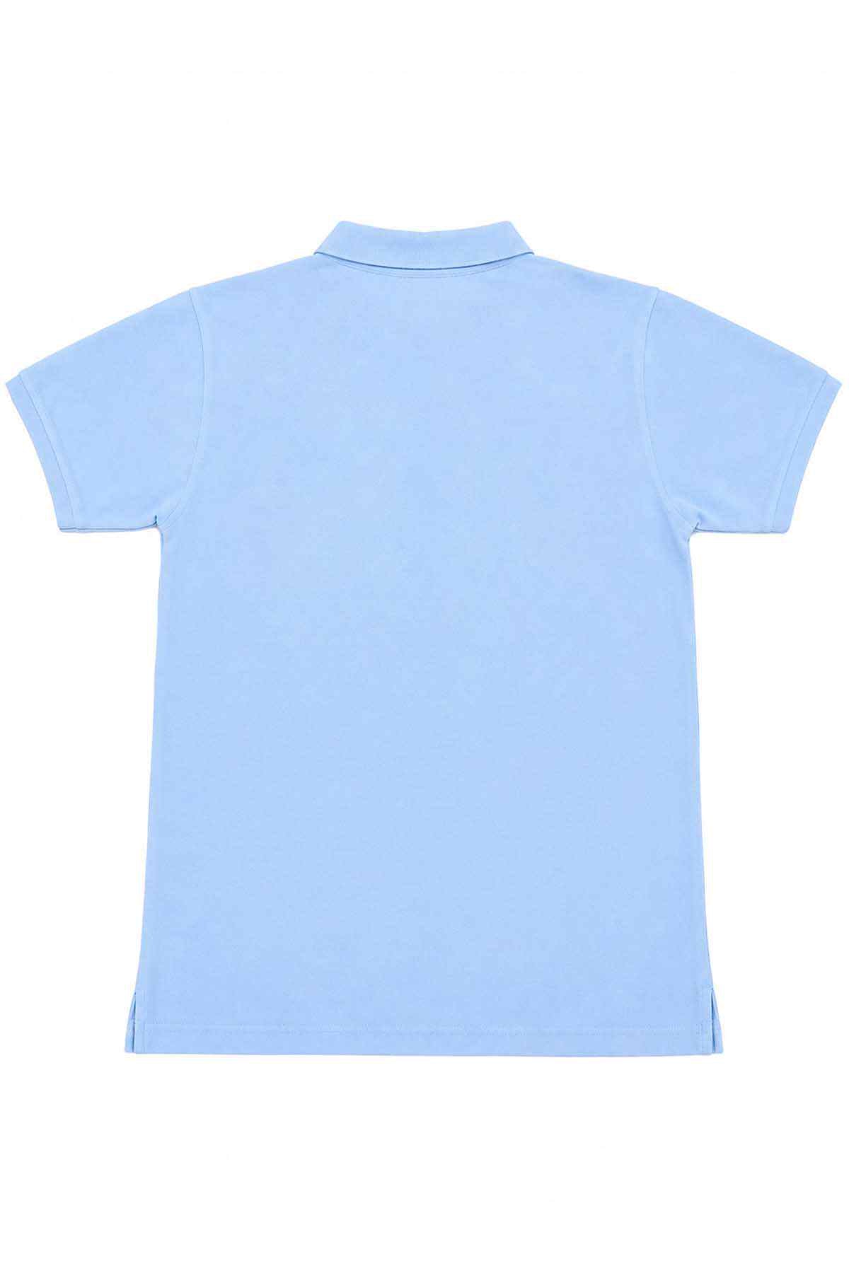 Sky blue polo shirt back view with short sleeves and collar