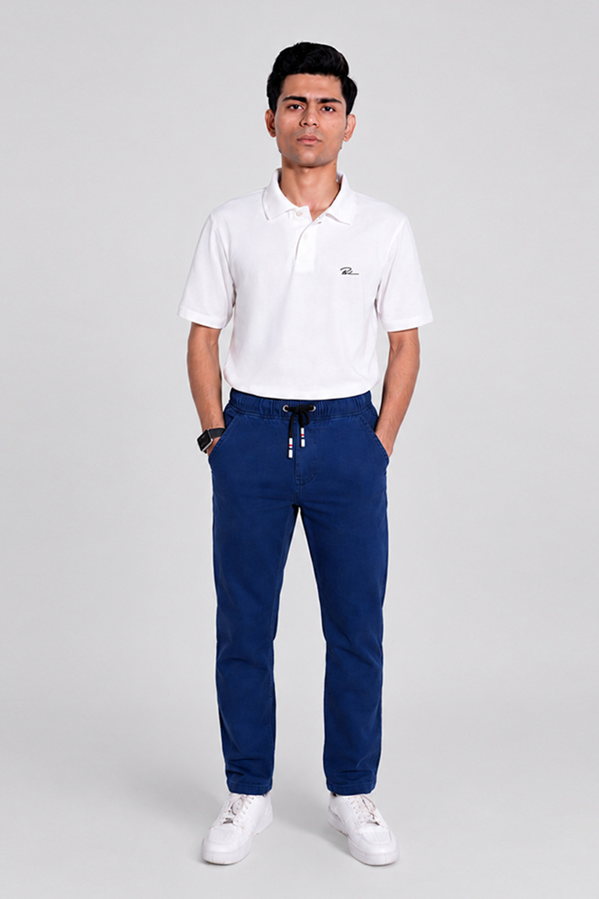 Royal blue drawstring waist chino pants with front pockets