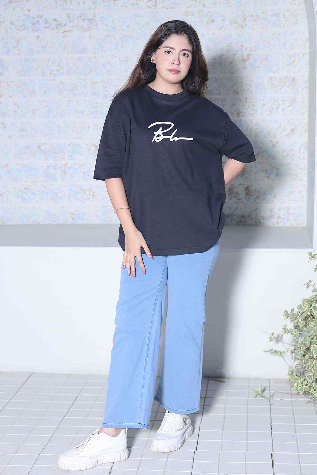 Beleri London black logo T-shirt with light blue wide-leg pants