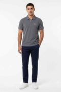 Men's charcoal polo shirt with zip placket, short sleeves, chest logo