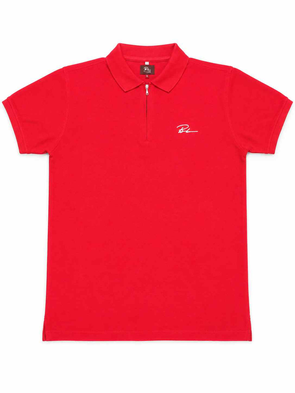 Red short-sleeve polo shirt with button placket and small chest logo on front.