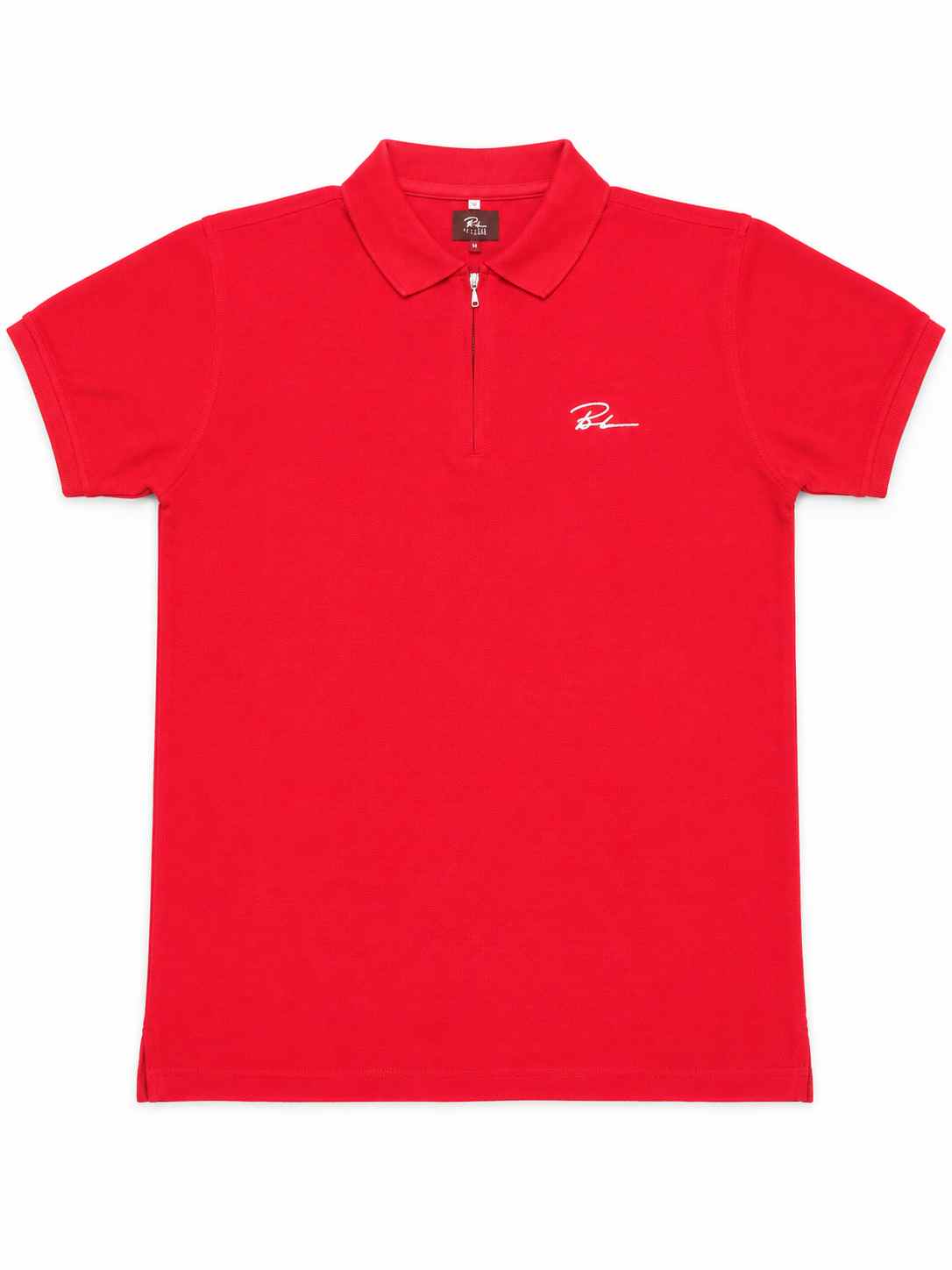 Red short-sleeve polo shirt with button placket and small chest logo on front.