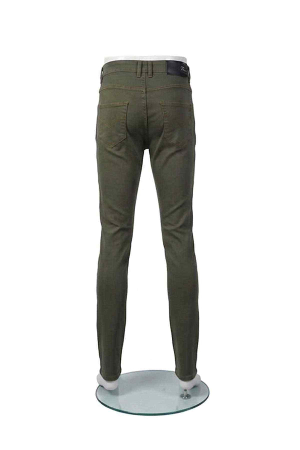 Light olive green denim jeans, back view, belt loops, back yoke, two back pockets
