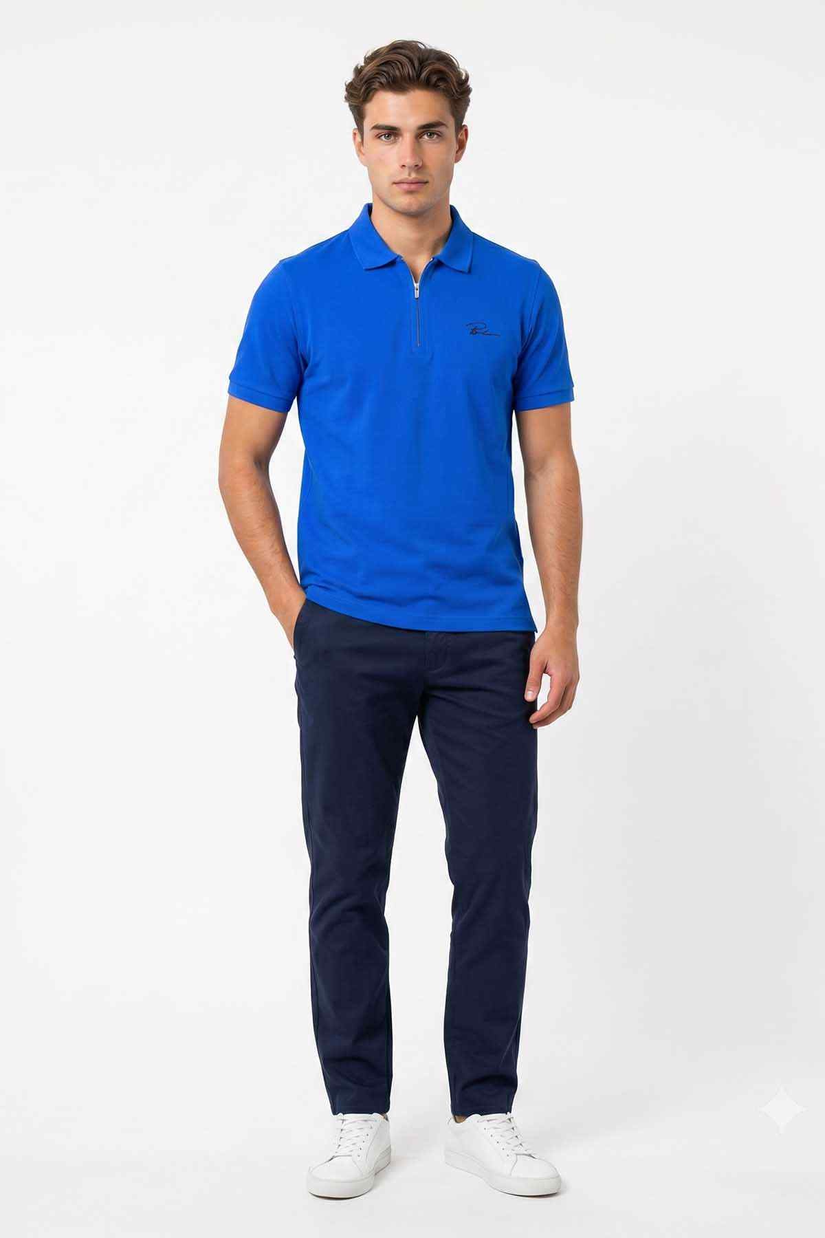 Beleri London royal blue polo shirt with button placket and short sleeves