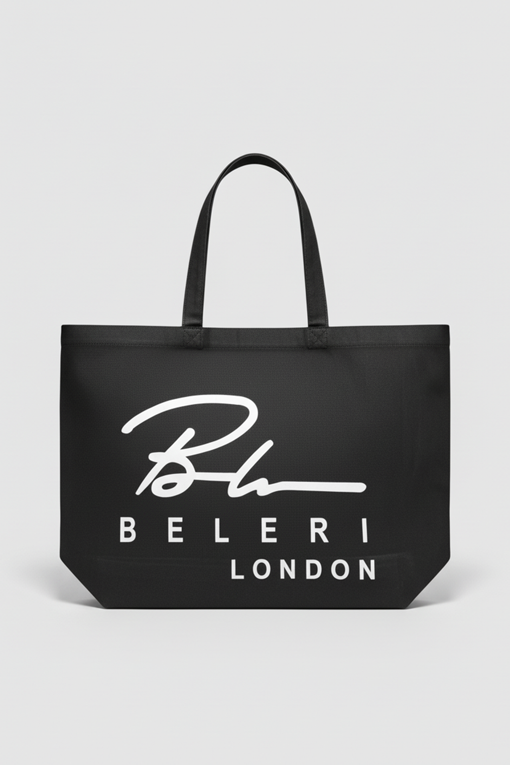 Jet black Beleri London tote bag with white logo and short top handles