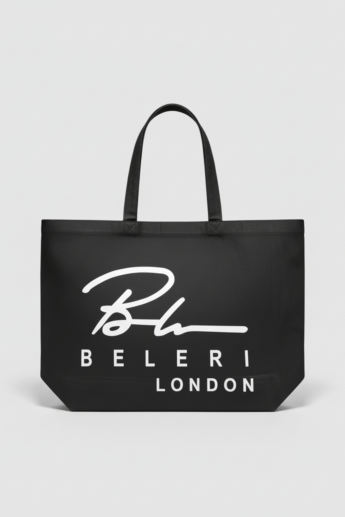 Jet black Beleri London tote bag with white logo and short top handles