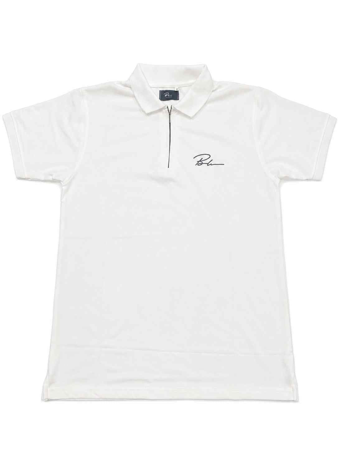 White short-sleeve polo shirt with zip placket and embroidered chest logo