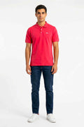 Men's red polo shirt with button placket and short sleeves
