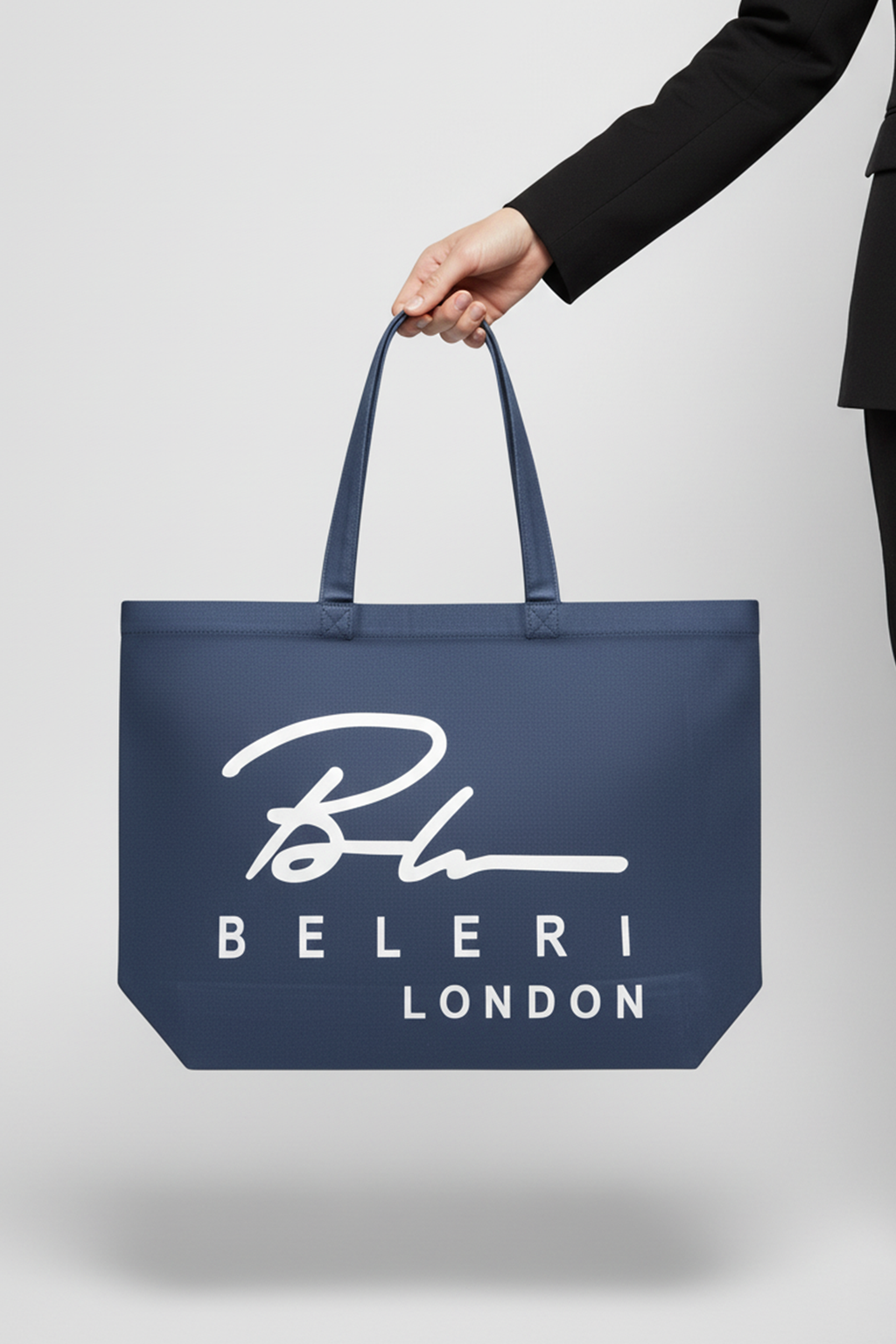 Indigo blue Beleri London tote bag with white logo and double handles
