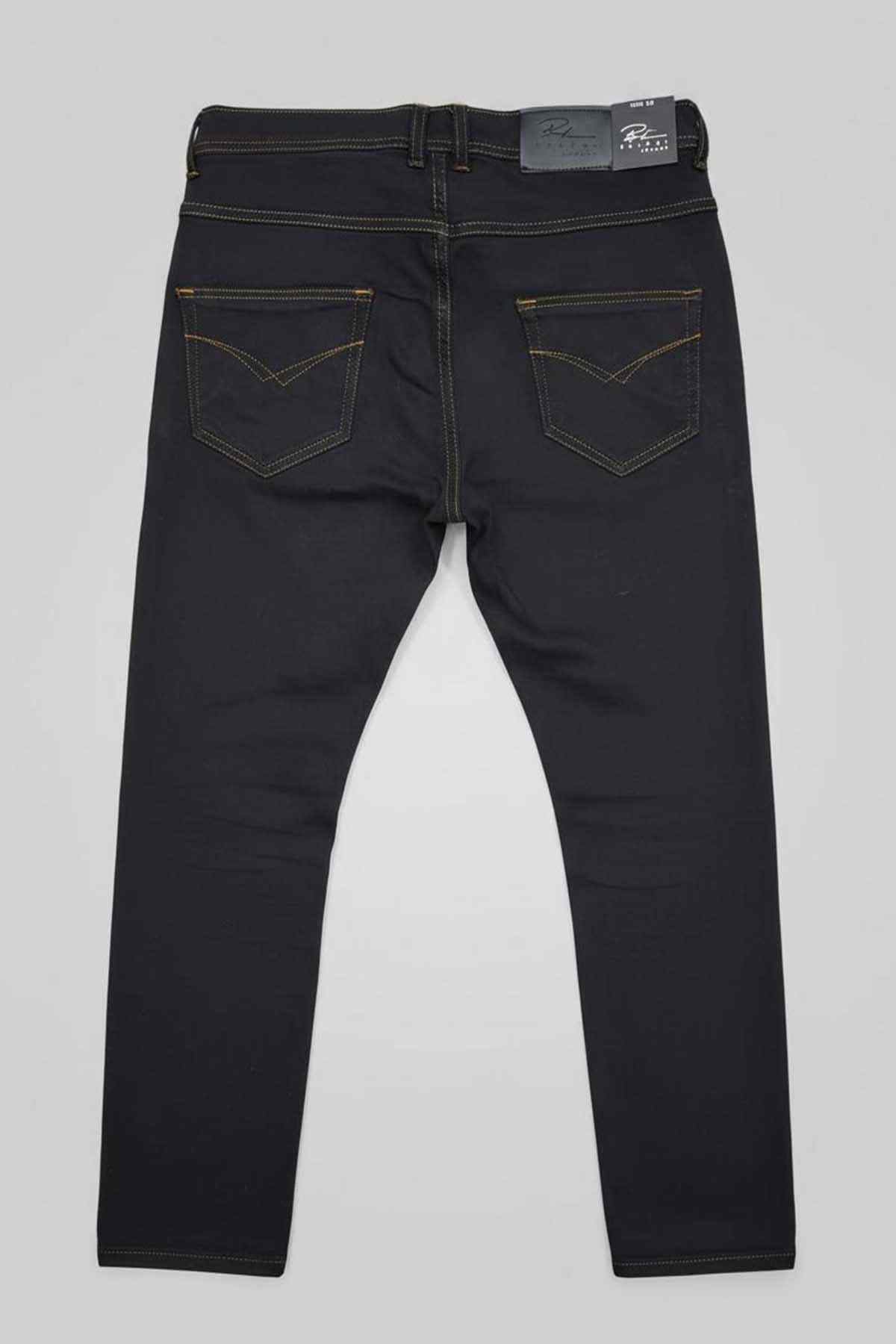 Beleri London dark denim jeans, flat lay front, contrast topstitching, five pockets