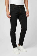 Jet black jeans front view with orange contrast stitching, five-pocket design, cuffed hem
