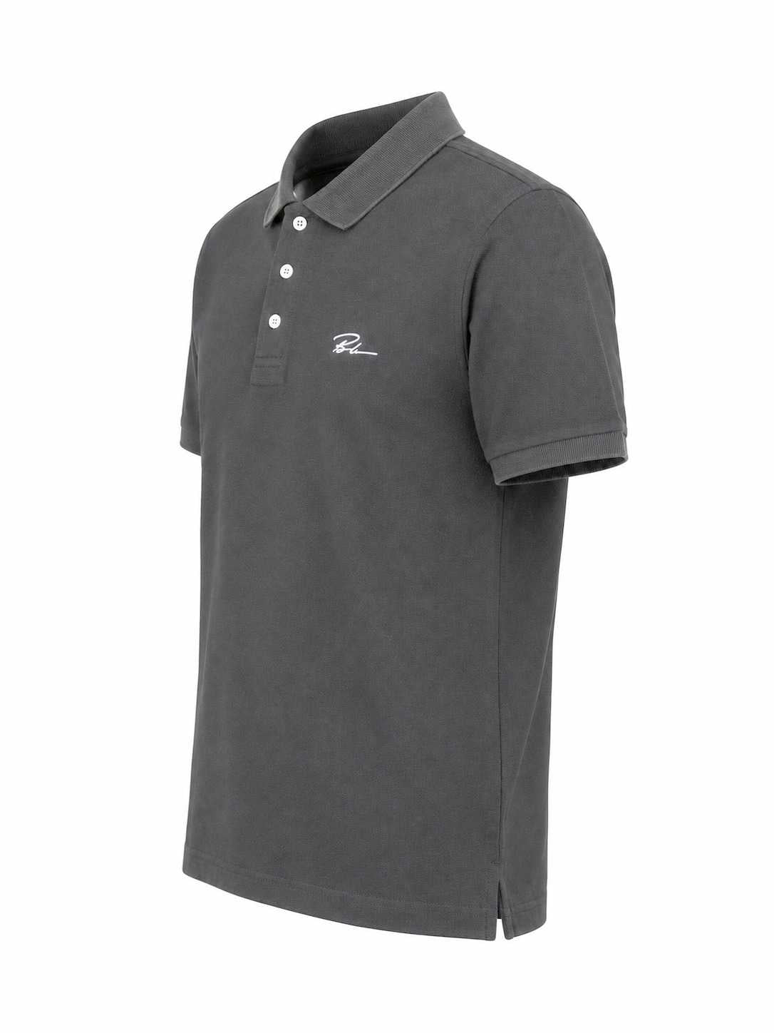 Charcoal short-sleeve polo shirt with button placket and small chest logo