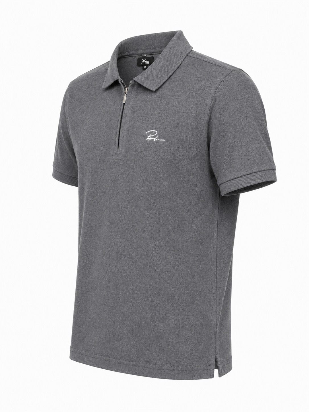 Men's charcoal polo shirt with half-zip and embroidered chest logo