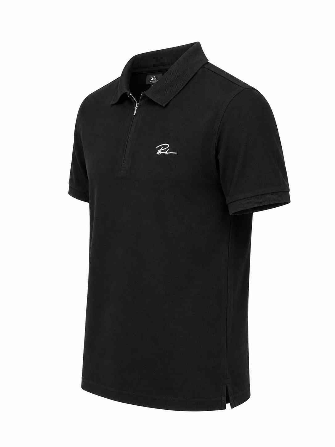 Black half-zip polo shirt with pointed collar and small embroidered chest logo