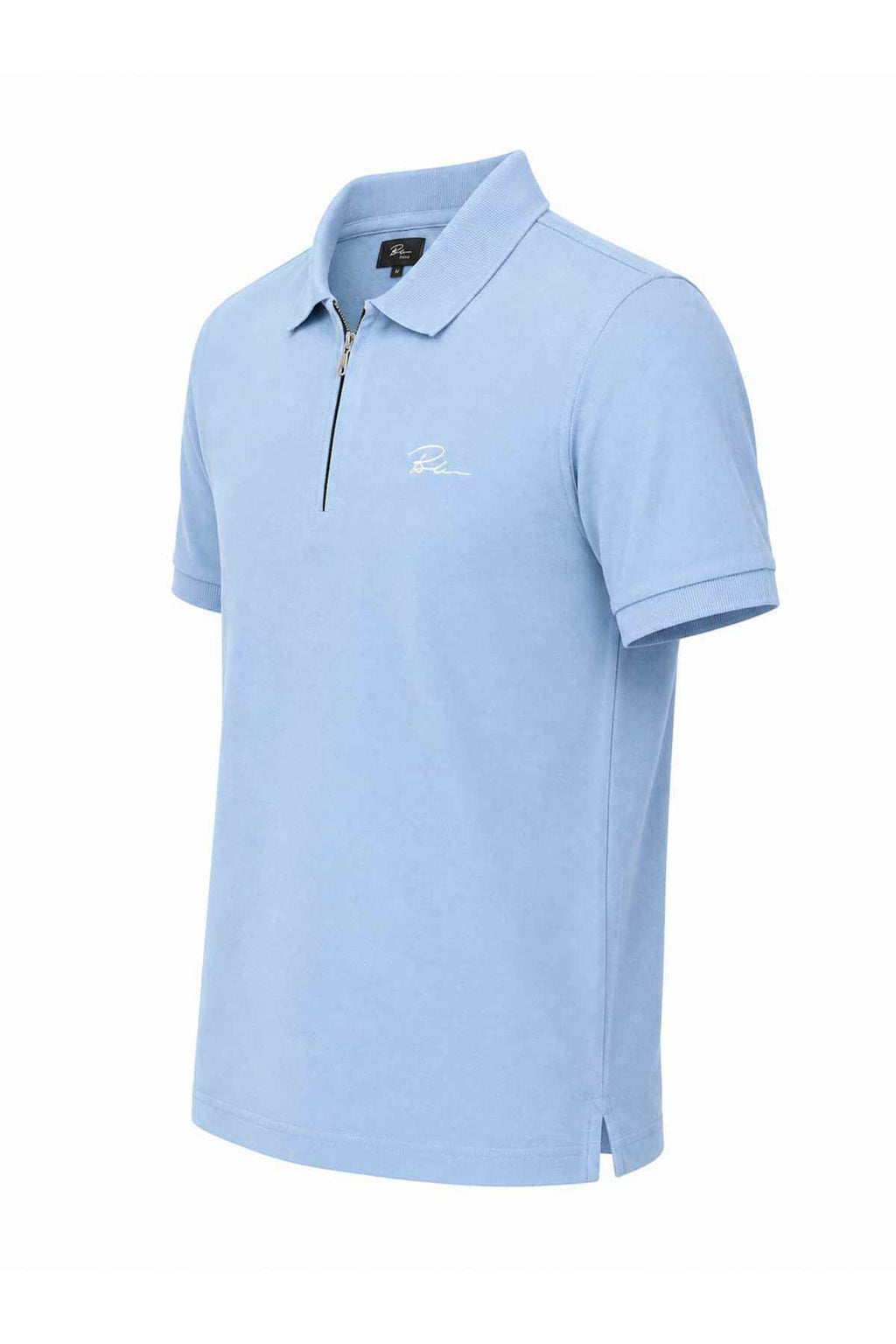 Sky blue polo shirt with short sleeves, collar, and chest logo