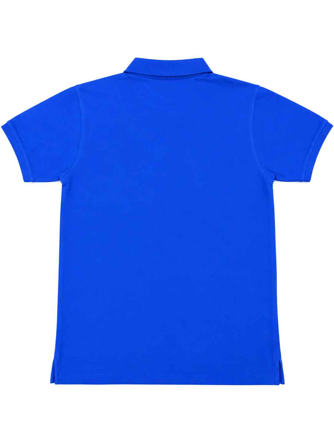 Royal blue polo shirt back view with open collar and short sleeves