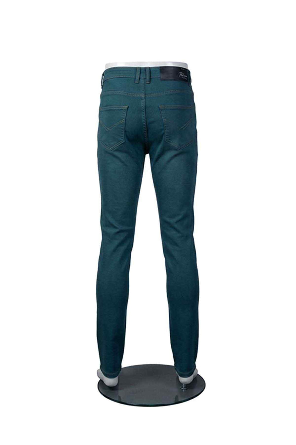 Sea green slim jeans with belt loops, zip fly, and back pockets