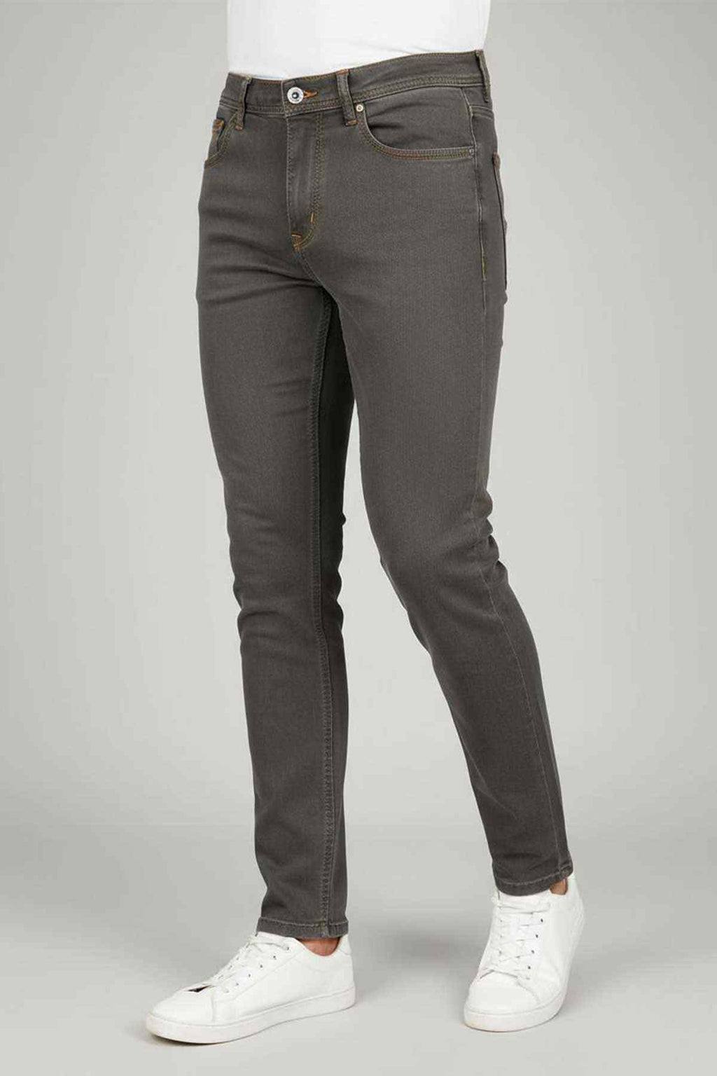Olive green denim jeans with button waist and five-pocket design