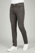 Olive green denim jeans with button waist and five-pocket design