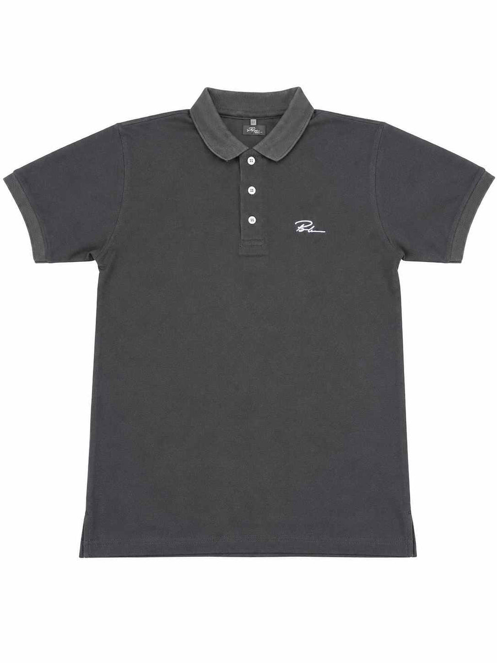 Charcoal polo shirt front view with button placket and embroidered chest logo