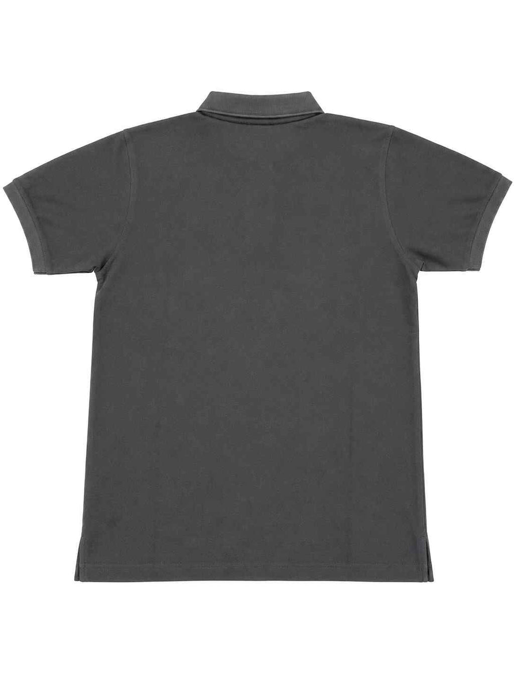 Men's charcoal polo shirt back view with short sleeves and collar
