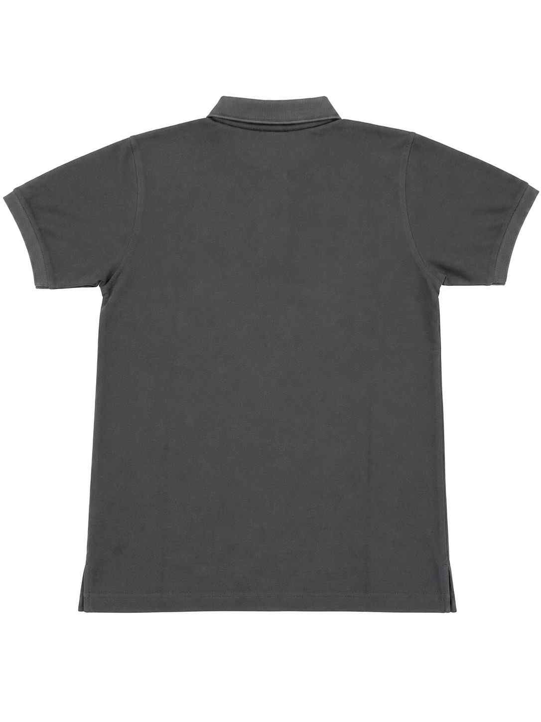 Charcoal polo shirt back view with folded collar and short sleeves