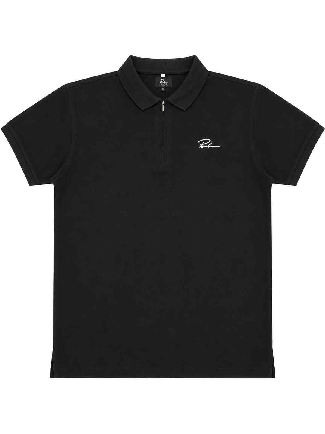 Black short-sleeve polo shirt with pointed collar and small chest logo