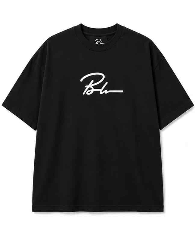 Black T-shirt with white script logo on the front, crew neck