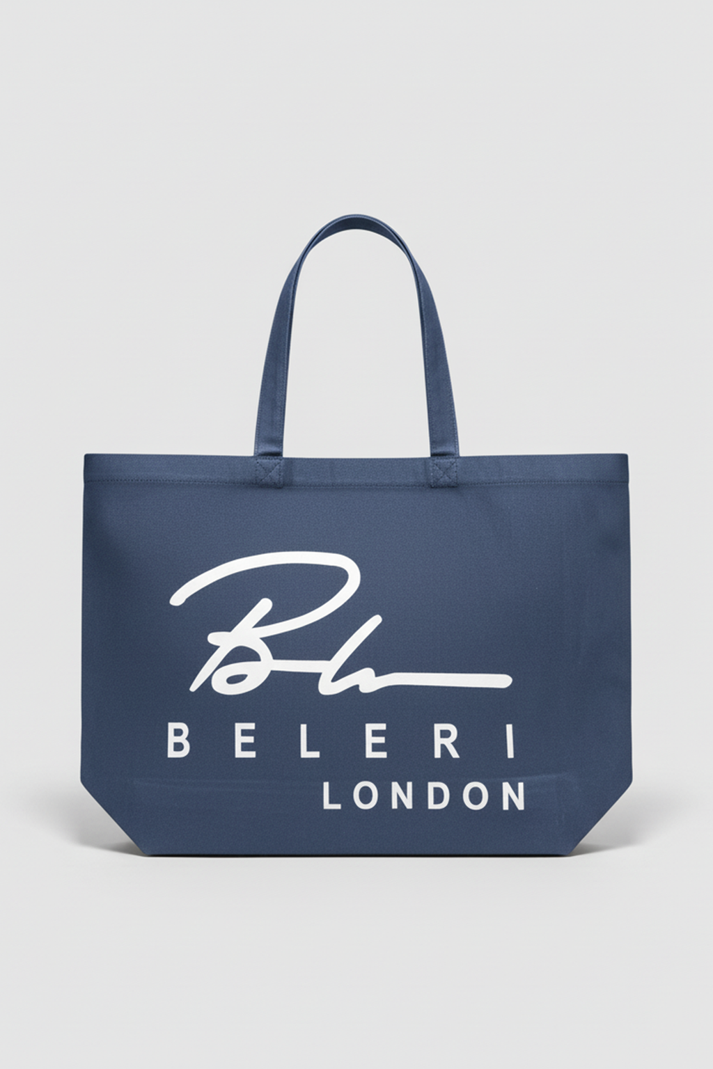 Indigo blue tote bag with Beleri London white logo, structured base, twin handles