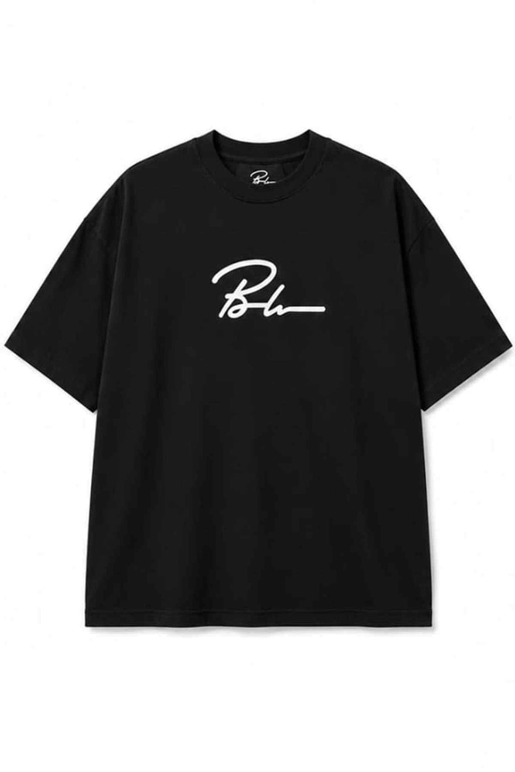Black crewneck T-shirt with white signature-style logo print on front