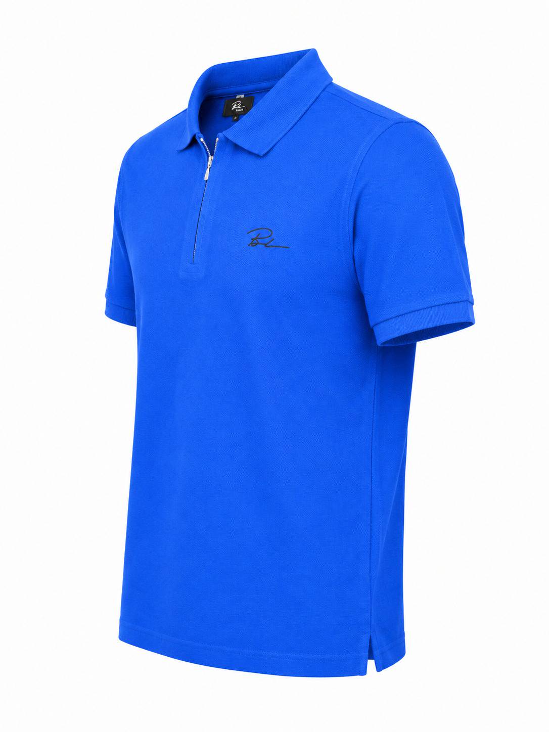 Royal blue polo shirt front with collar, button placket, and embroidered chest logo