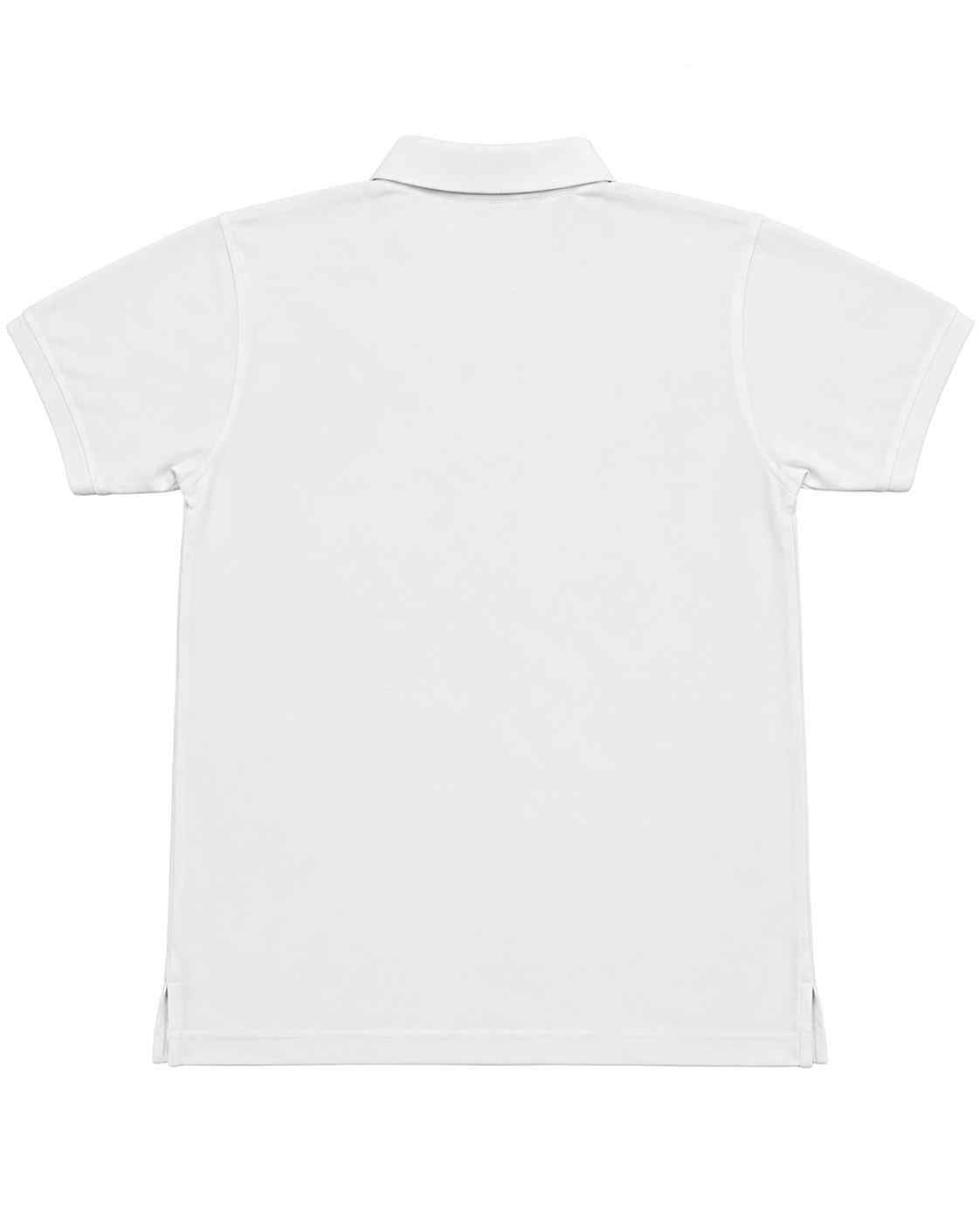 White polo shirt back view with ribbed collar and short sleeves