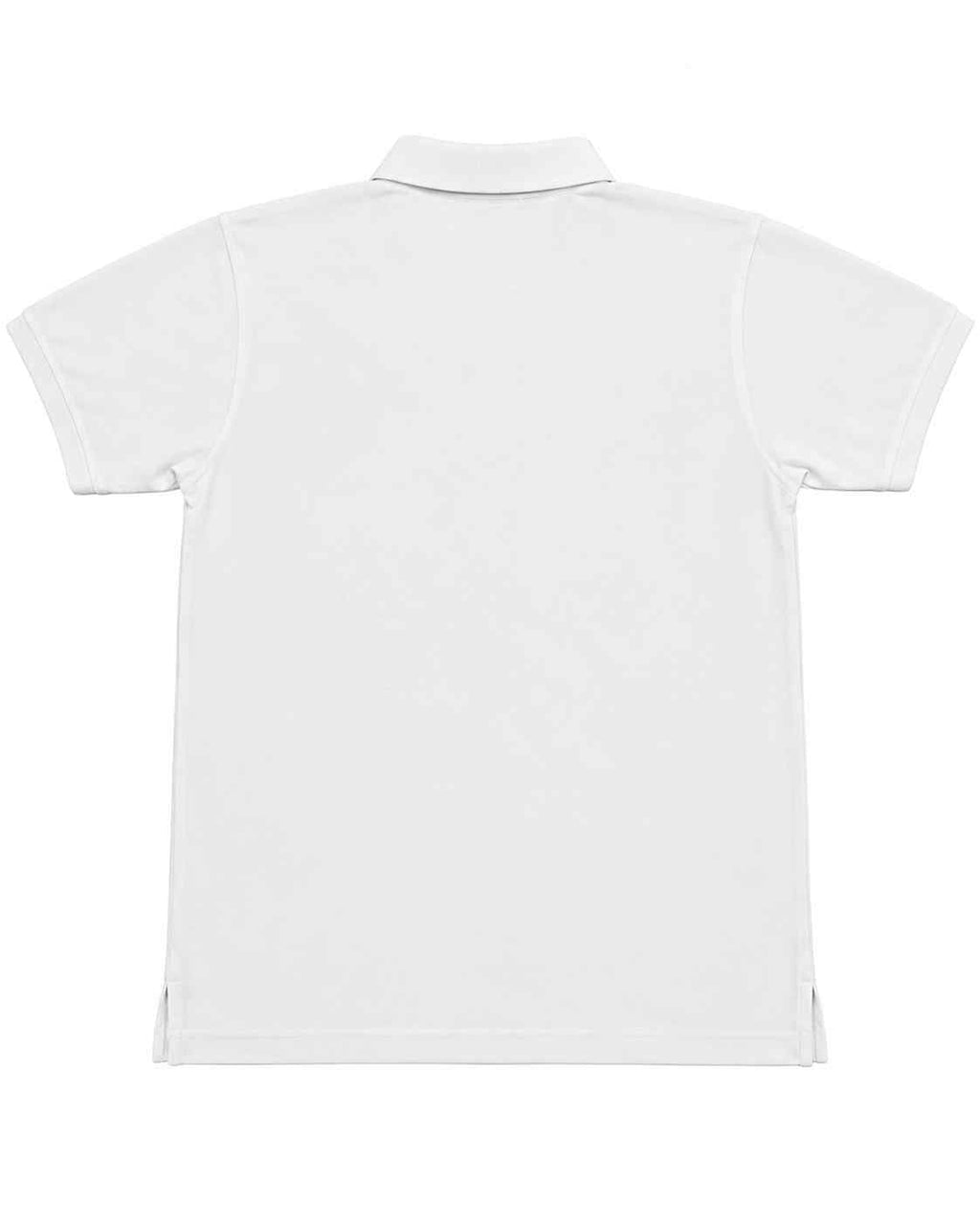 Men's white polo shirt, back view with short sleeves and plain yoke