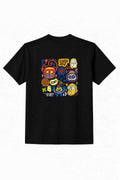 Black crew-neck T-shirt with colorful cartoon face collage graphic on front